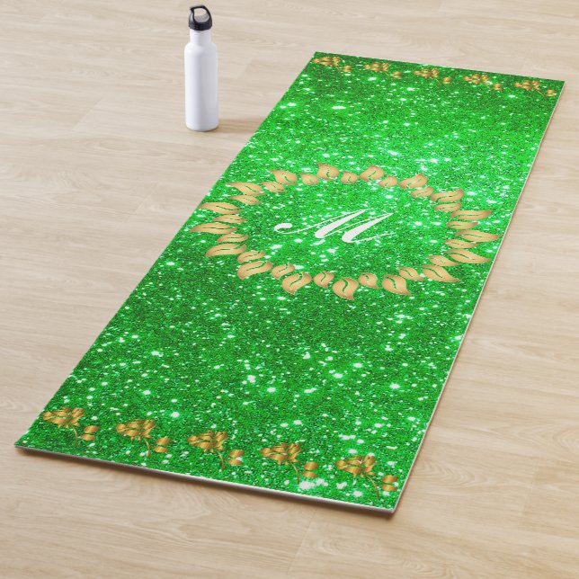 Luxury Gold Glitter Green Monogrammed Gift Yoga Mat (In Situ)