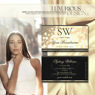 Luxury Gold Glitter Monogram Black Golden Border Business Card