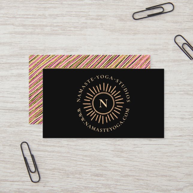 Luxury Gold Glitter Monogram Stripes Business Card (Front/Back In Situ)