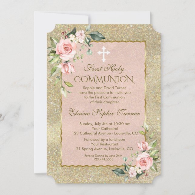 Luxury Gold Glitter Pink Floral First Communion Invitation (Front)