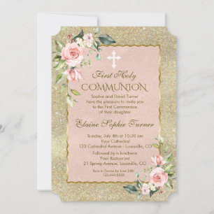 Luxury Gold Glitter Pink Floral First Communion Invitation