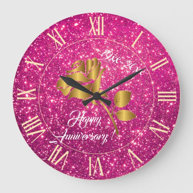 Luxury Gold Glitter Pink Floral Gift Large Clock (Front)