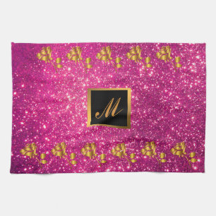 Luxury Gold Glitter Pink Floral Gift Tea Towel