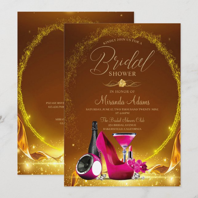 Luxury Gold Glitter Pink High Heels Bridal Shower Invitation (Front/Back)