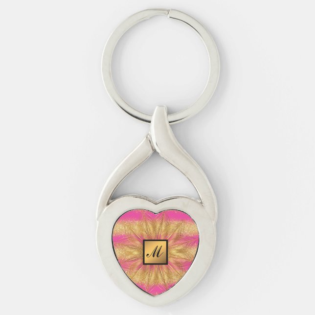 Luxury Gold Glitter Pink Monogrammed Gift Key Ring (Front)