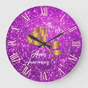 Luxury Gold Glitter Purple Floral Gift Large Clock