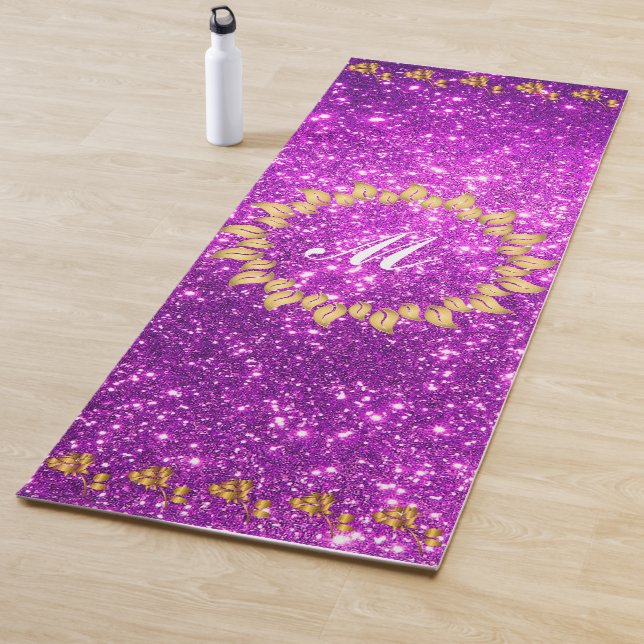 Luxury Gold Glitter Purple Monogrammed Gift Yoga Mat (In Situ)