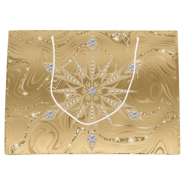 Luxury Gold Glitter Snowflake Diamond Large Gift Bag (Front)