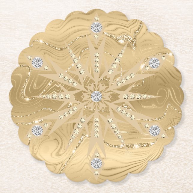 Luxury Gold Glitter Snowflake Diamond Paper Coaster (Front)