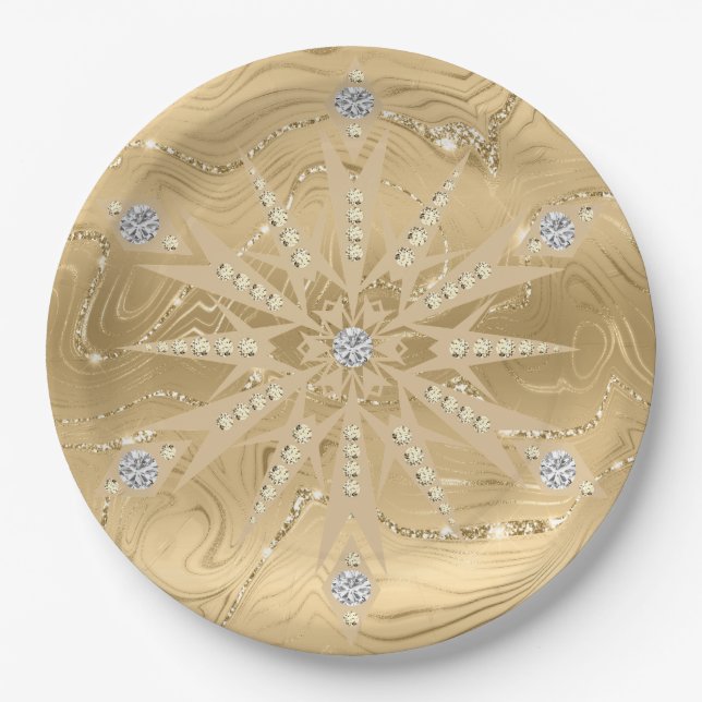 Luxury Gold Glitter Snowflake Diamond Paper Plate (Front)