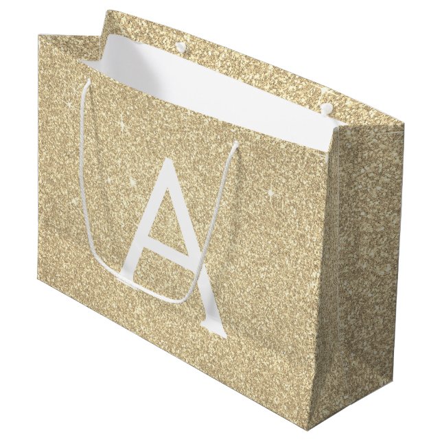 Luxury Gold Glitter & Sparkle Monogram Large Gift Bag (Front Angled)