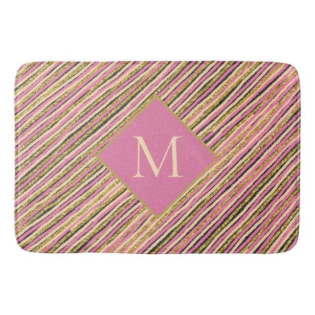 Luxury Gold Glitter Sparkle Monogram Pink Stripes Bath Mat (Front)