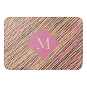 Luxury Gold Glitter Sparkle Monogram Stripes Bath Mat