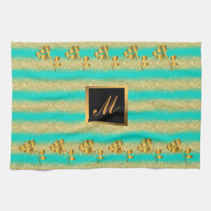 Luxury Gold Glitter Turquoise Floral Gift Tea Towel
