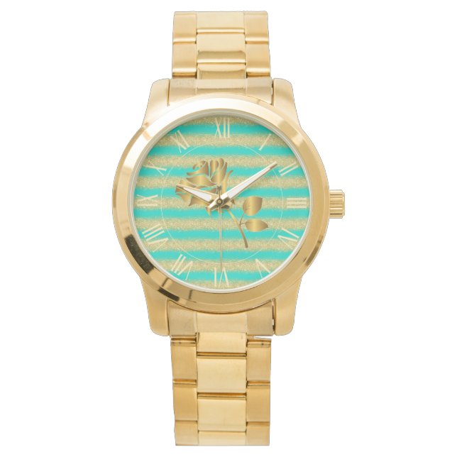 Luxury Gold Glitter Turquoise Floral Gift Watch (Front)