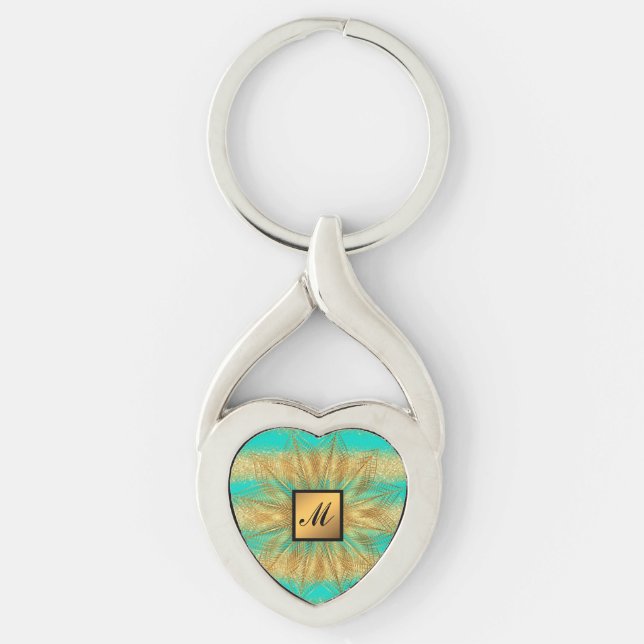 Luxury Gold Glitter Turquoise Monogrammed Gift Key Ring (Front)
