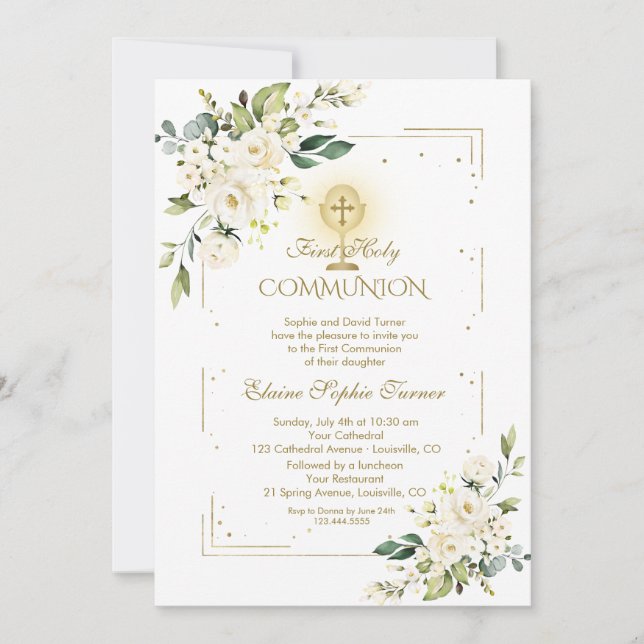Luxury Gold Glitter White Floral Holy Communion Invitation (Front)