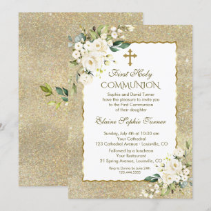Luxury Gold Glitter White Flowers First Communion Invitation