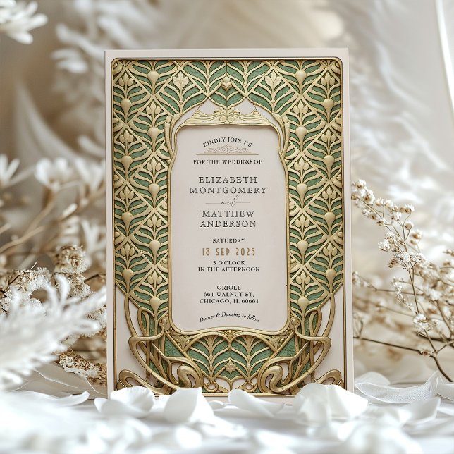 Luxury Gold & Green Art Nouveau Wedding Invitation (Creator Uploaded)