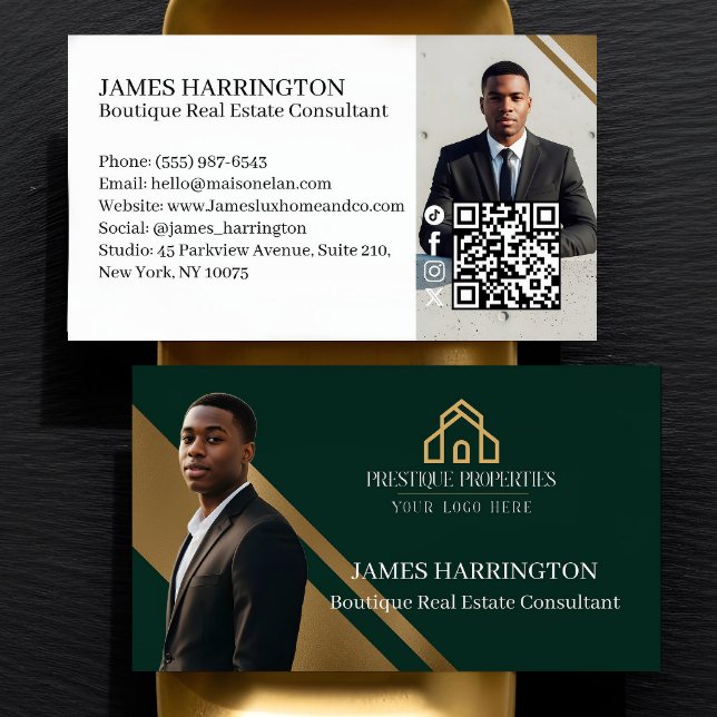Luxury Gold & Green Real Estate Agent Photo Logo Business Card (Luxury Gold & Black Real Estate Agent Photo Logo Forest Green Business Card)