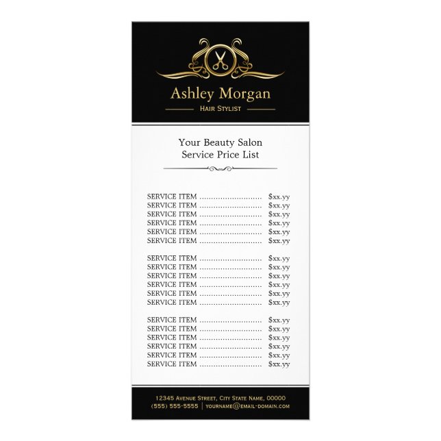 Luxury Gold Hair Stylist Beauty Salon Price List Rack Card (Front)