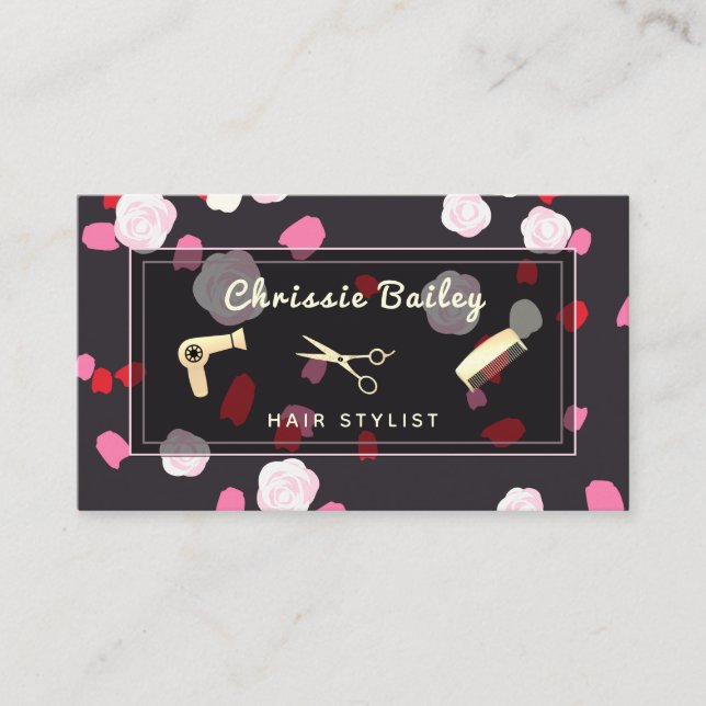 Luxury Gold Hair Stylist Tools Pink Floral Business Card (Front)