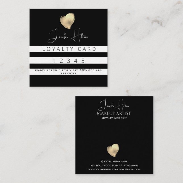 Luxury gold heart black white stripes loyalty card (Front/Back)