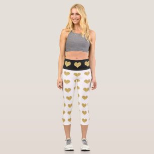 Luxury Gold Hearts On White And Black Pattern Capri Leggings