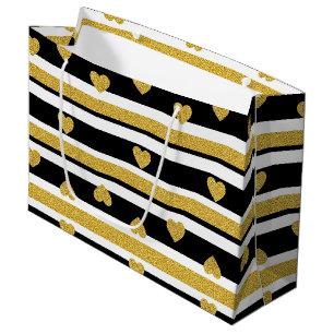 Luxury Gold Hearts Stripe Pattern Large Gift Bag