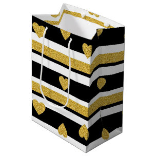 Luxury Gold Hearts Stripe Pattern Medium Gift Bag