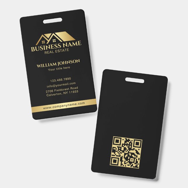 Luxury Gold House Real Estate QR Code Black ID Badge (Front & Back)