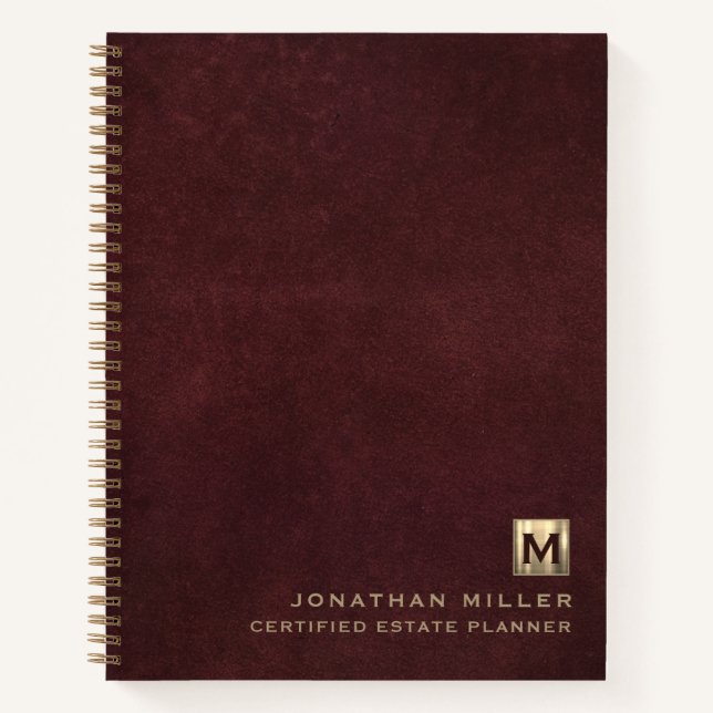 Luxury Gold Initial Logo Oxblood Leather Notebook (Front)
