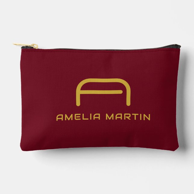 Luxury Gold Initial Monogram Burgundy Red Accessory Pouch (Front)