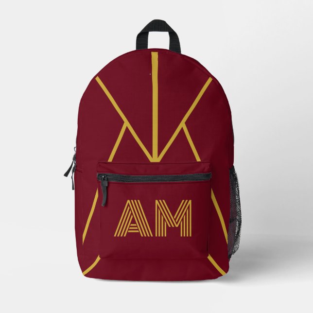 Luxury Gold Initial Monogram Burgundy Red Printed Backpack (Front)