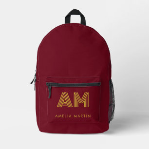 Luxury Gold Initial Monogram Burgundy Red Printed Backpack