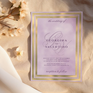Luxury gold lavender monogram initials wedding invitation
