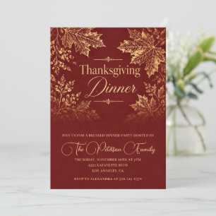 Luxury Gold Leaf Burgundy Christian Thanksgiving Invitation