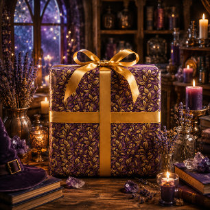 Luxury Gold Leaves Ornate Plum Purple Damask Wrapping Paper
