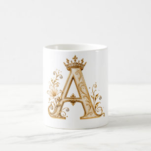 Luxury Gold Letter A Monogram with Crown & Lily Fl Coffee Mug