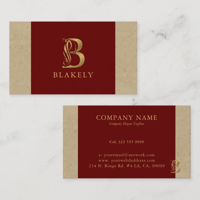 Luxury Gold Letter B On Red and Beige Cardboard Business Card (Front/Back)