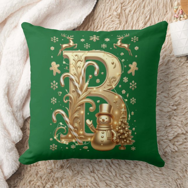 Luxury Gold Letter B Snowman Green Throw Pillow (Blanket)