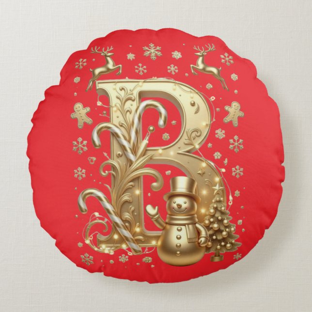 Luxury Gold Letter B Snowman Red Round Pillow (Front)