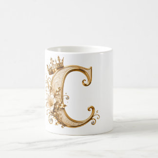 Luxury Gold Letter C Monogram with Crown & Lily Fl Coffee Mug