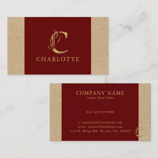 Luxury Gold Letter C On Red and Cardboard Business Card (Front/Back)