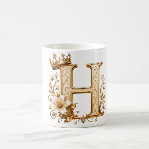 Luxury Gold Letter H Monogram with Crown & Lily Fl Coffee Mug