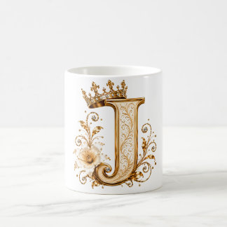 Luxury Gold Letter J Monogram with Crown & Lily Fl Coffee Mug