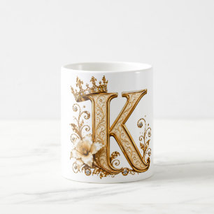 Luxury Gold Letter K Monogram with Crown & Lily Fl Coffee Mug