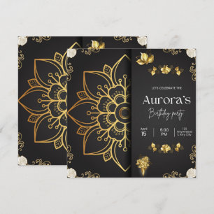 Luxury Gold Mandala & Black Floral Birthday Invita Invitation