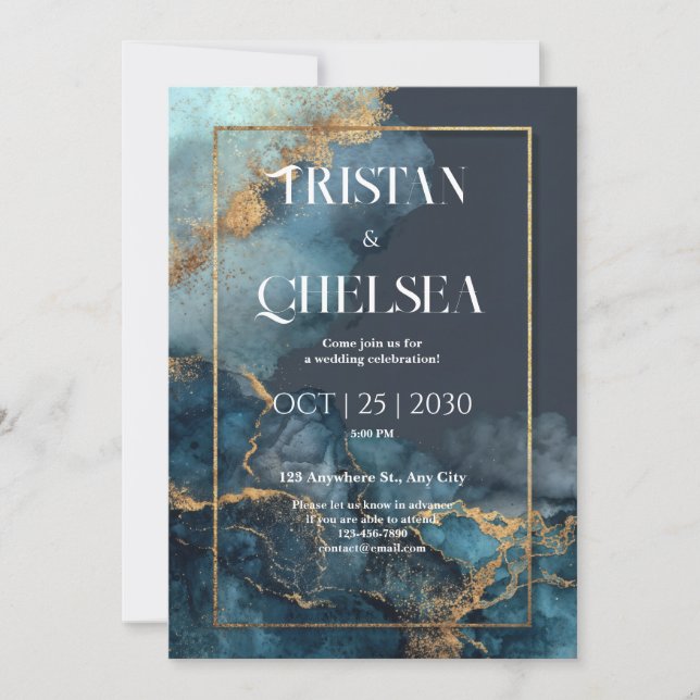 Luxury Gold Marble Blue Watercolor Wedding Invitation (Front)