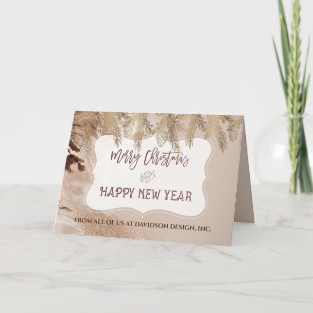 Luxury Gold Marble Pine Contemporary Corporate Holiday Card (Front)